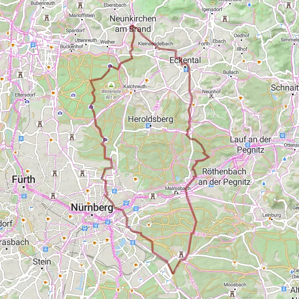 Map miniature of "Eckental and Dormitz Gravel Loop" cycling inspiration in Oberfranken, Germany. Generated by Tarmacs.app cycling route planner