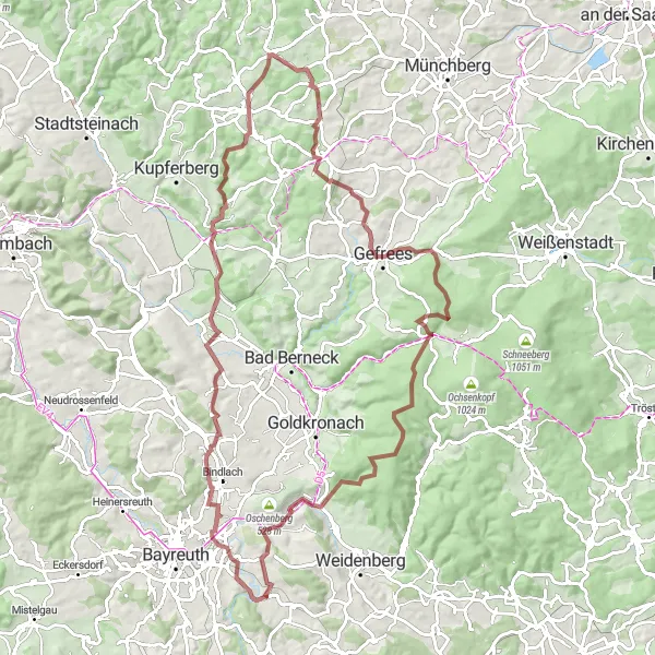 Map miniature of "St. Johannis and Hirschhorn" cycling inspiration in Oberfranken, Germany. Generated by Tarmacs.app cycling route planner