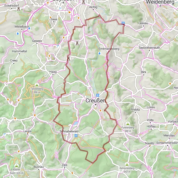 Map miniature of "Gravel Exploration: Hills and Valleys" cycling inspiration in Oberfranken, Germany. Generated by Tarmacs.app cycling route planner