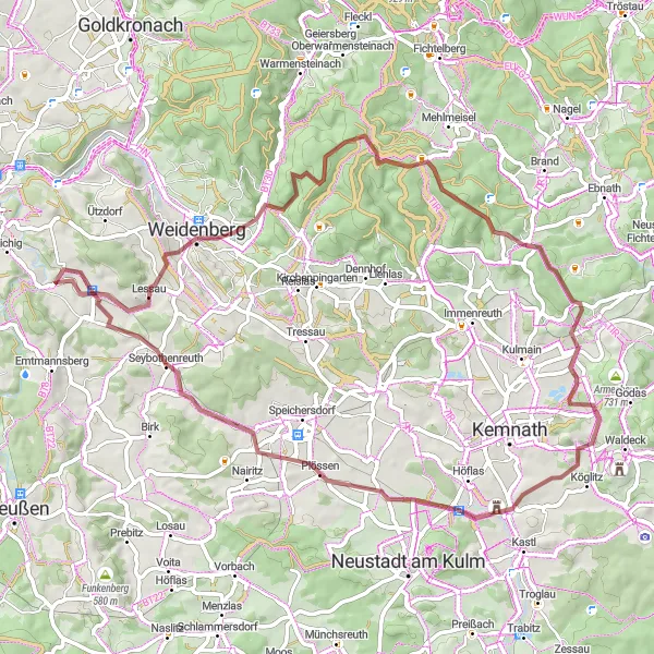 Map miniature of "Off-The-Beaten-Path Gravel Ride" cycling inspiration in Oberfranken, Germany. Generated by Tarmacs.app cycling route planner