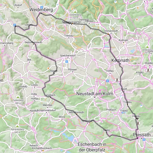Map miniature of "Tannenberg and Speinshart" cycling inspiration in Oberfranken, Germany. Generated by Tarmacs.app cycling route planner