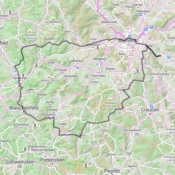 Karten-Miniaturansicht der Radinspiration "Herausforderung durch Oberfranken" in Oberfranken, Germany. Erstellt vom Tarmacs.app-Routenplaner für Radtouren