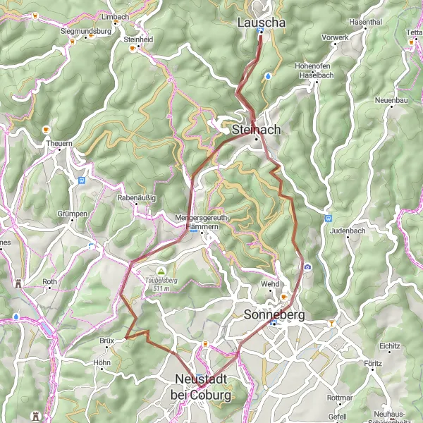 Karten-Miniaturansicht der Radinspiration "Graveltour im Umland von Neustadt bei Coburg" in Oberfranken, Germany. Erstellt vom Tarmacs.app-Routenplaner für Radtouren