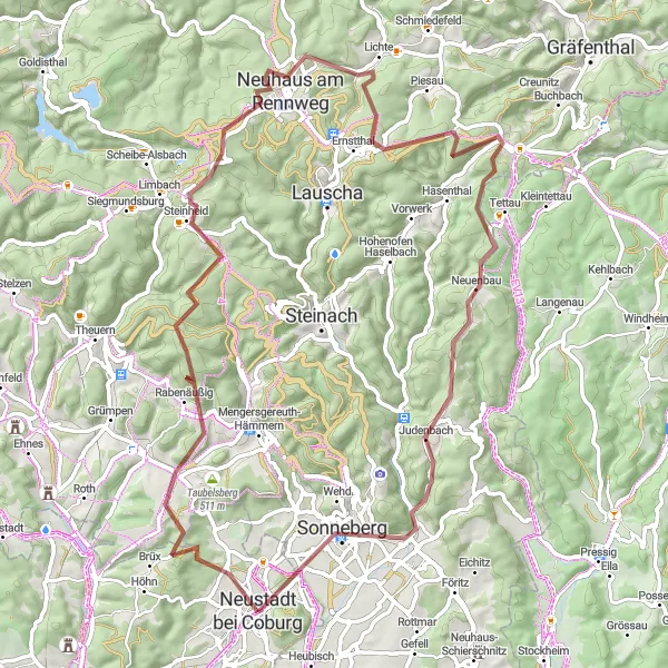 Karten-Miniaturansicht der Radinspiration "Gravelroute um Neustadt bei Coburg" in Oberfranken, Germany. Erstellt vom Tarmacs.app-Routenplaner für Radtouren