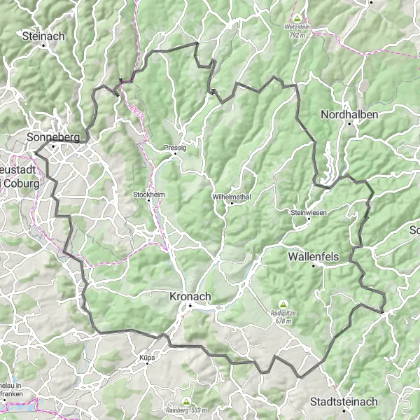 Karten-Miniaturansicht der Radinspiration "Herausfordernde Runde durch den Frankenwald" in Oberfranken, Germany. Erstellt vom Tarmacs.app-Routenplaner für Radtouren