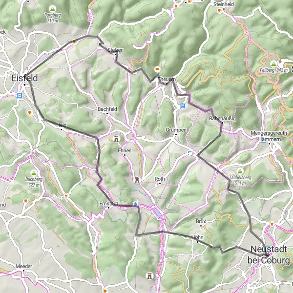 Karten-Miniaturansicht der Radinspiration "Hügellandschaft rund um Neustadt" in Oberfranken, Germany. Erstellt vom Tarmacs.app-Routenplaner für Radtouren