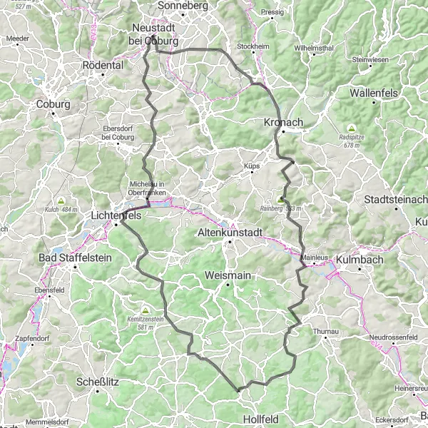 Map miniature of "Adventurous Journey through Neustadt bei Coburg" cycling inspiration in Oberfranken, Germany. Generated by Tarmacs.app cycling route planner