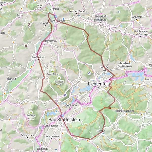 Map miniature of "Niederfüllbach to Breitbrunn Gravel Route" cycling inspiration in Oberfranken, Germany. Generated by Tarmacs.app cycling route planner