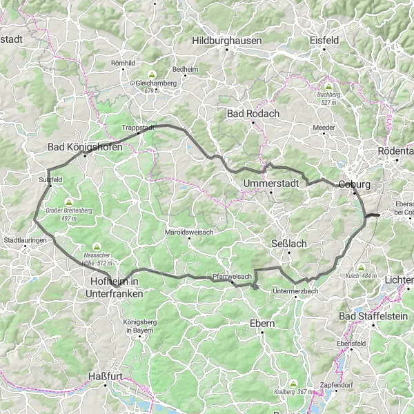 Map miniature of "Hügelland-Runde" cycling inspiration in Oberfranken, Germany. Generated by Tarmacs.app cycling route planner