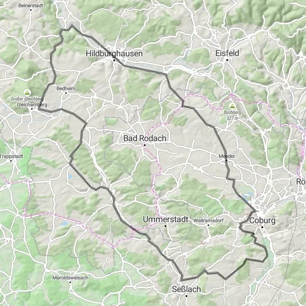 Map miniature of "Veste Heldburg Loop" cycling inspiration in Oberfranken, Germany. Generated by Tarmacs.app cycling route planner