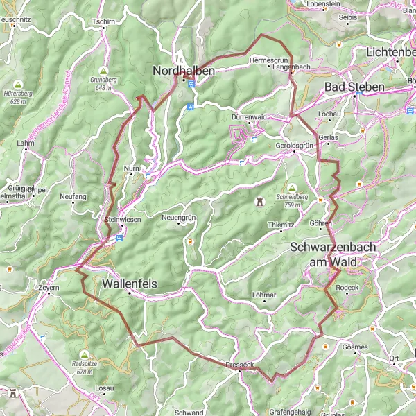 Map miniature of "Discovering Gravel Pathways" cycling inspiration in Oberfranken, Germany. Generated by Tarmacs.app cycling route planner