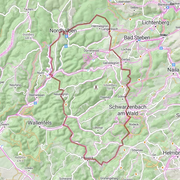 Map miniature of "The Gravel Adventure" cycling inspiration in Oberfranken, Germany. Generated by Tarmacs.app cycling route planner