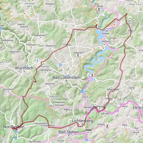 Map miniature of "Nordhalben to Regberg Gravel Route" cycling inspiration in Oberfranken, Germany. Generated by Tarmacs.app cycling route planner