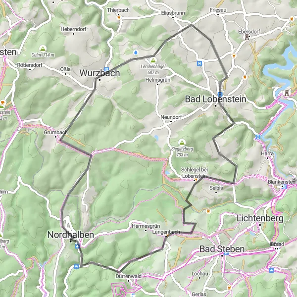 Map miniature of "Roads Less Traveled" cycling inspiration in Oberfranken, Germany. Generated by Tarmacs.app cycling route planner