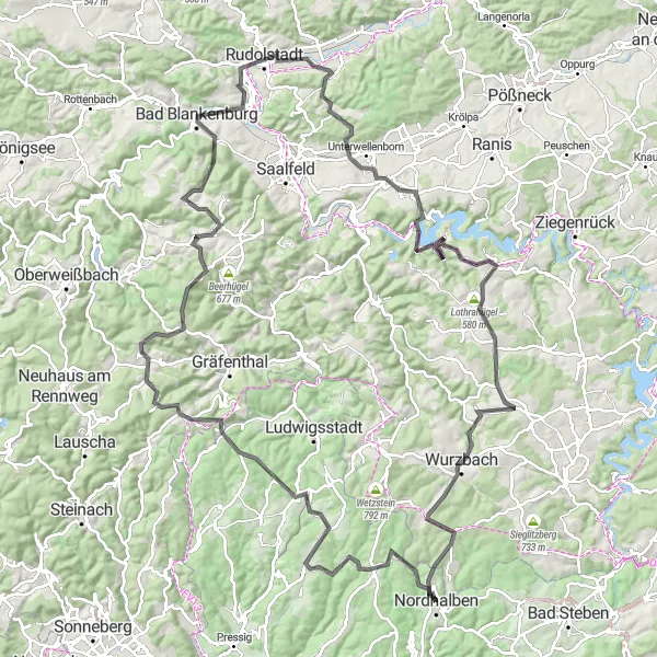 Map miniature of "Nordhalben to Buckenberg Road Route" cycling inspiration in Oberfranken, Germany. Generated by Tarmacs.app cycling route planner