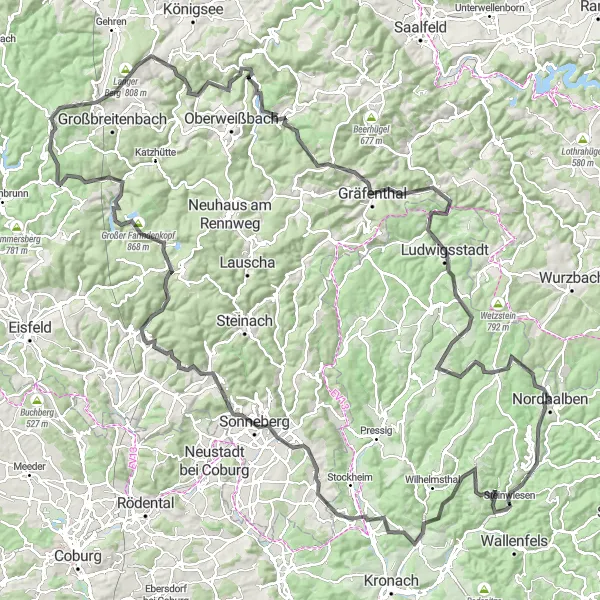 Map miniature of "Regberg Loop Road Route" cycling inspiration in Oberfranken, Germany. Generated by Tarmacs.app cycling route planner