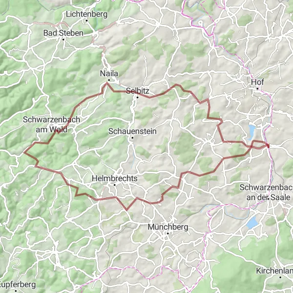 Map miniature of "Challenging Gravel Ride: Oberkotzau to Naila" cycling inspiration in Oberfranken, Germany. Generated by Tarmacs.app cycling route planner