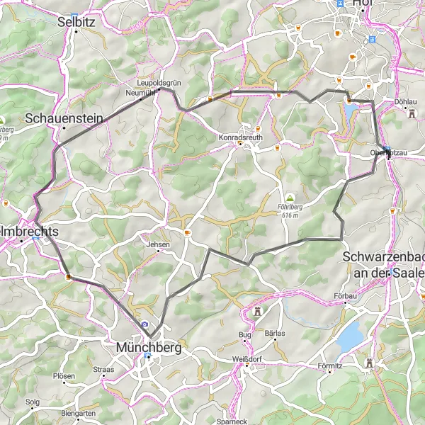 Map miniature of "Oberkotzau - Oberkotzau Road Route" cycling inspiration in Oberfranken, Germany. Generated by Tarmacs.app cycling route planner