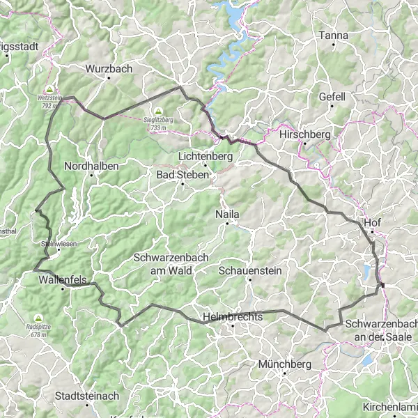 Map miniature of "Oberkotzau - Oberkotzau Extended Road Route" cycling inspiration in Oberfranken, Germany. Generated by Tarmacs.app cycling route planner