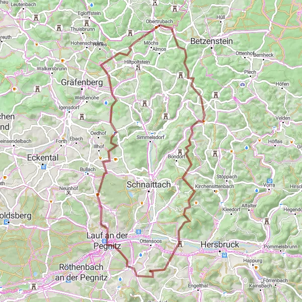 Map miniature of "Obertrubach - Hormersdorf Loop" cycling inspiration in Oberfranken, Germany. Generated by Tarmacs.app cycling route planner