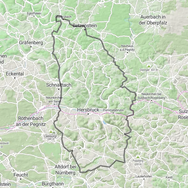 Map miniature of "The Majestic Hills Adventure" cycling inspiration in Oberfranken, Germany. Generated by Tarmacs.app cycling route planner