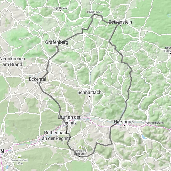 Karten-Miniaturansicht der Radinspiration "Rundtour über Betzenstein und Gräfenberg" in Oberfranken, Germany. Erstellt vom Tarmacs.app-Routenplaner für Radtouren