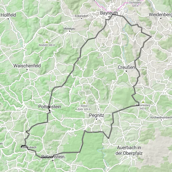 Map miniature of "The Franconian Heights" cycling inspiration in Oberfranken, Germany. Generated by Tarmacs.app cycling route planner