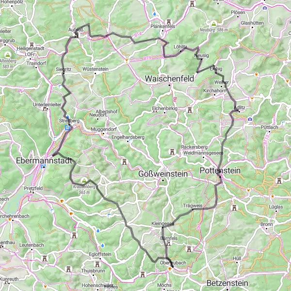 Karten-Miniaturansicht der Radinspiration "Road-Tour von Auerberg nach Liebenau" in Oberfranken, Germany. Erstellt vom Tarmacs.app-Routenplaner für Radtouren