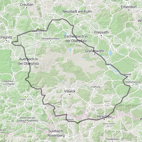 Map miniature of "Oberpfalz Adventure: Pegnitz to Mühlberg" cycling inspiration in Oberfranken, Germany. Generated by Tarmacs.app cycling route planner