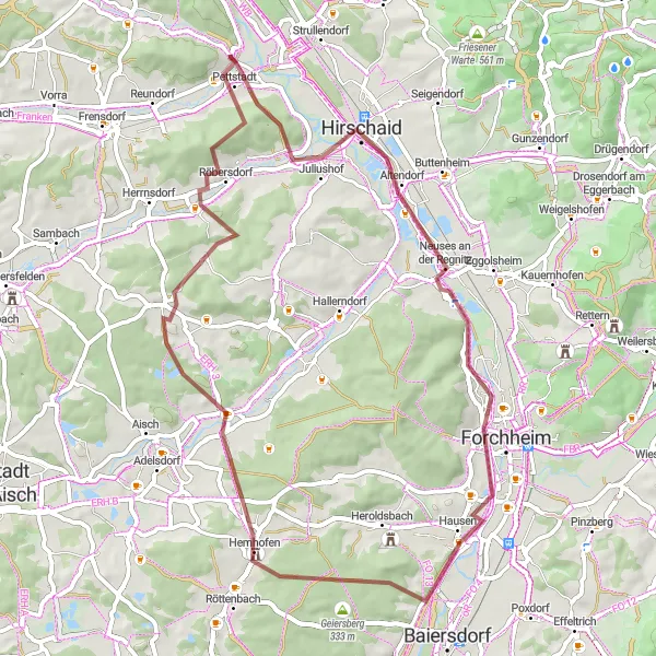 Map miniature of "Hirschaid Gravel Loop" cycling inspiration in Oberfranken, Germany. Generated by Tarmacs.app cycling route planner
