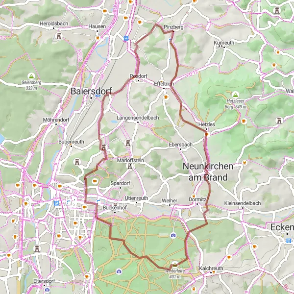 Karten-Miniaturansicht der Radinspiration "Gravel Tour um Pinzberg" in Oberfranken, Germany. Erstellt vom Tarmacs.app-Routenplaner für Radtouren