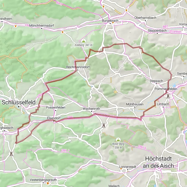 Karten-Miniaturansicht der Radinspiration "Rund um Pommersfelden - Gravel Tour" in Oberfranken, Germany. Erstellt vom Tarmacs.app-Routenplaner für Radtouren