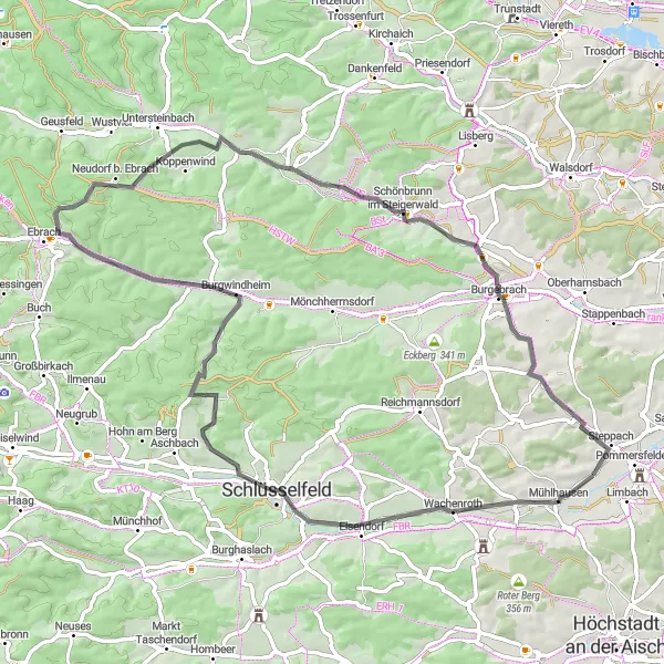 Karten-Miniaturansicht der Radinspiration "Radtour durch Wachenroth und Oberneuses" in Oberfranken, Germany. Erstellt vom Tarmacs.app-Routenplaner für Radtouren