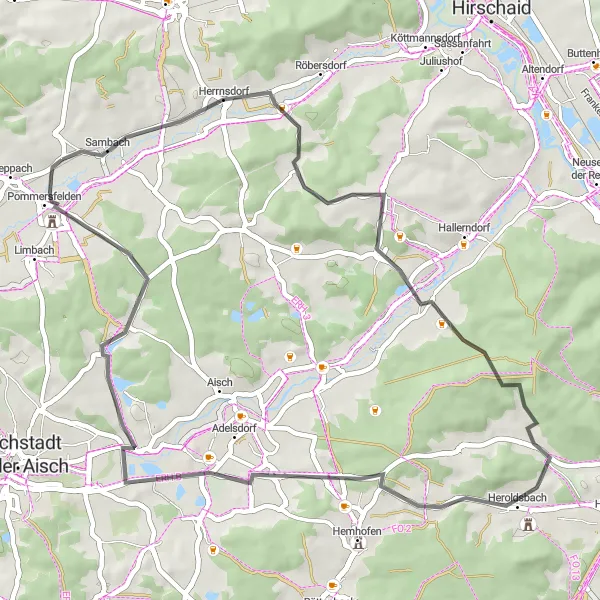 Karten-Miniaturansicht der Radinspiration "Rundtour von Pommersfelden nach Sambach" in Oberfranken, Germany. Erstellt vom Tarmacs.app-Routenplaner für Radtouren