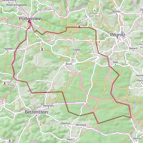 Karten-Miniaturansicht der Radinspiration "Gravel-Rundtour um Pottenstein" in Oberfranken, Germany. Erstellt vom Tarmacs.app-Routenplaner für Radtouren