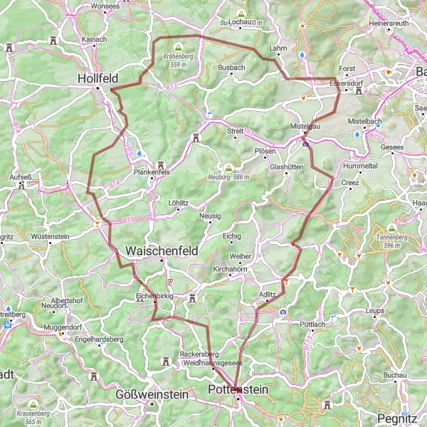 Karten-Miniaturansicht der Radinspiration "Hügelige Gravel-Tour nach Pottenstein" in Oberfranken, Germany. Erstellt vom Tarmacs.app-Routenplaner für Radtouren