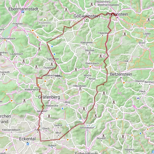 Karten-Miniaturansicht der Radinspiration "Pittoreske Gravelroute um Pottenstein" in Oberfranken, Germany. Erstellt vom Tarmacs.app-Routenplaner für Radtouren