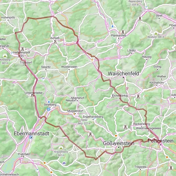 Map miniature of "Gößweinstein Gravel Adventure" cycling inspiration in Oberfranken, Germany. Generated by Tarmacs.app cycling route planner