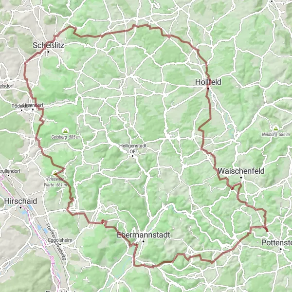 Map miniature of "Challenging Gravel Adventure in Pottenstein" cycling inspiration in Oberfranken, Germany. Generated by Tarmacs.app cycling route planner