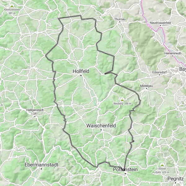 Map miniature of "Johannisburg to Pottenstein" cycling inspiration in Oberfranken, Germany. Generated by Tarmacs.app cycling route planner