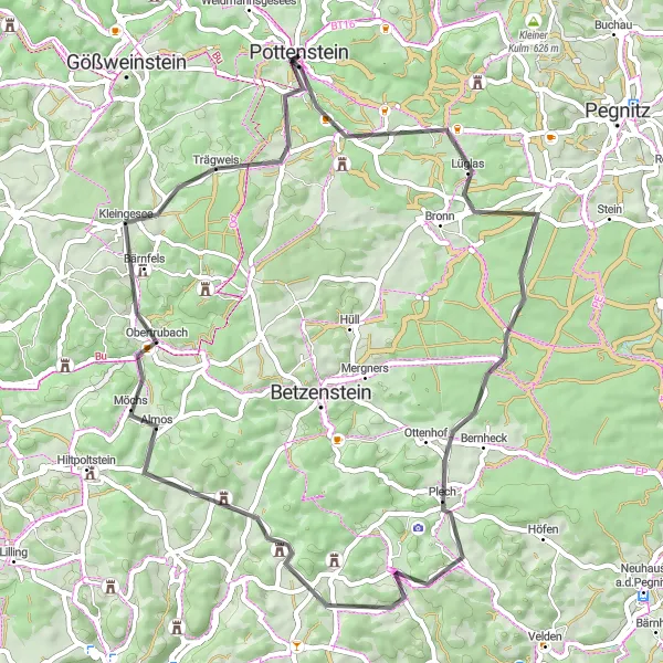 Map miniature of "Elbersberg to Pottenstein" cycling inspiration in Oberfranken, Germany. Generated by Tarmacs.app cycling route planner