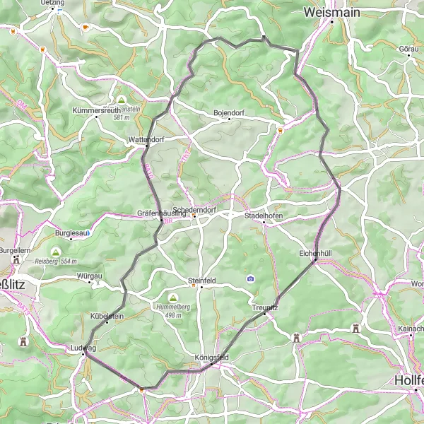 Map miniature of "The Rossdorf Loop" cycling inspiration in Oberfranken, Germany. Generated by Tarmacs.app cycling route planner