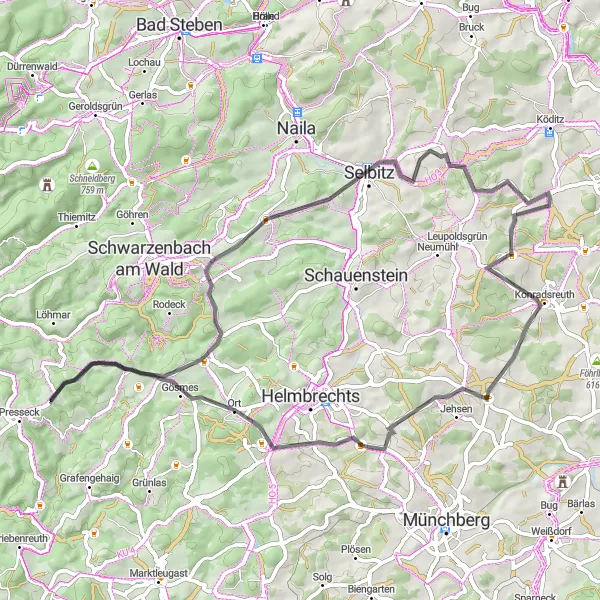 Karten-Miniaturansicht der Radinspiration "Panorama-Radtour nach Rothenbürg und Wüstenselbitz" in Oberfranken, Germany. Erstellt vom Tarmacs.app-Routenplaner für Radtouren