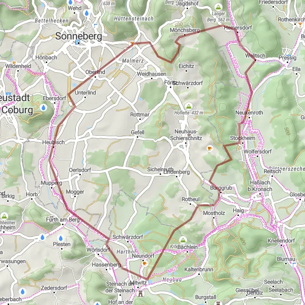 Karten-Miniaturansicht der Radinspiration "Durch die Natur um Stockheim - Gravel Tour" in Oberfranken, Germany. Erstellt vom Tarmacs.app-Routenplaner für Radtouren