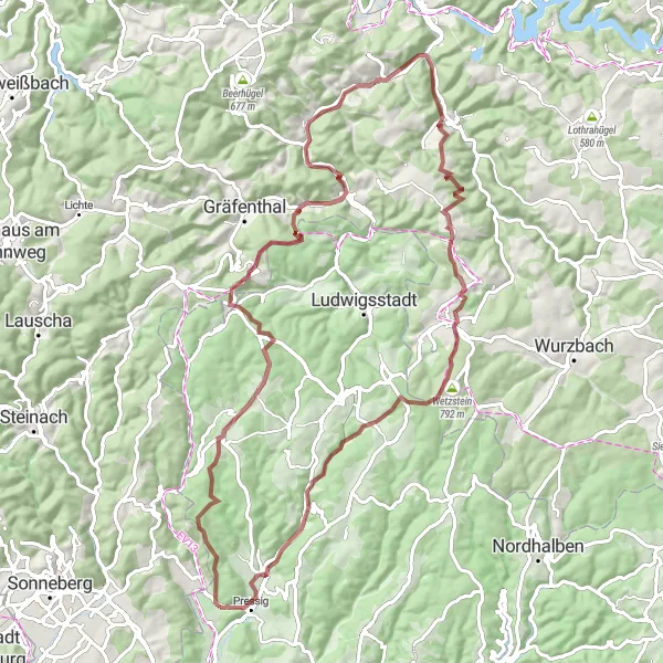 Map miniature of "Heinersdorfer Höhe and Lehesten Loop" cycling inspiration in Oberfranken, Germany. Generated by Tarmacs.app cycling route planner