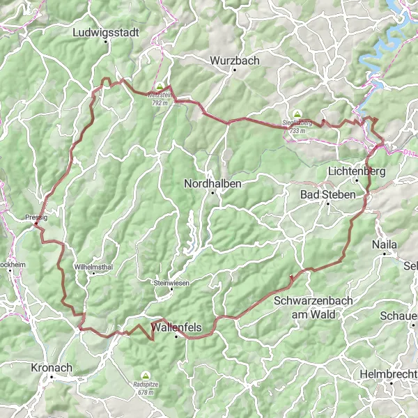 Karten-Miniaturansicht der Radinspiration "Rund um Pressig und die Fränkische Schweiz" in Oberfranken, Germany. Erstellt vom Tarmacs.app-Routenplaner für Radtouren