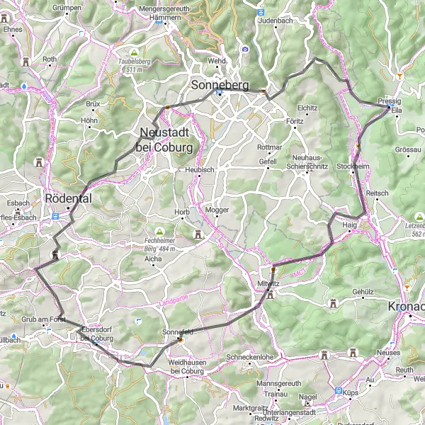 Map miniature of "Pressig Road Route" cycling inspiration in Oberfranken, Germany. Generated by Tarmacs.app cycling route planner