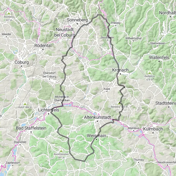 Karten-Miniaturansicht der Radinspiration "Rund um Stockheim - Road Tour" in Oberfranken, Germany. Erstellt vom Tarmacs.app-Routenplaner für Radtouren