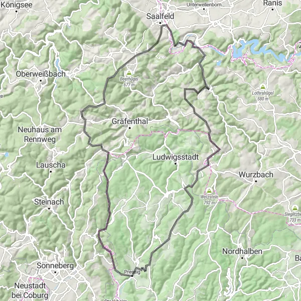 Map miniature of "Scenic Explore and Challenging Climbs" cycling inspiration in Oberfranken, Germany. Generated by Tarmacs.app cycling route planner