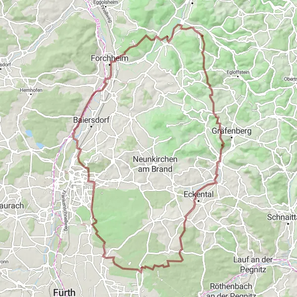 Map miniature of "Pretzfeld Igensdorf Gravel Route" cycling inspiration in Oberfranken, Germany. Generated by Tarmacs.app cycling route planner